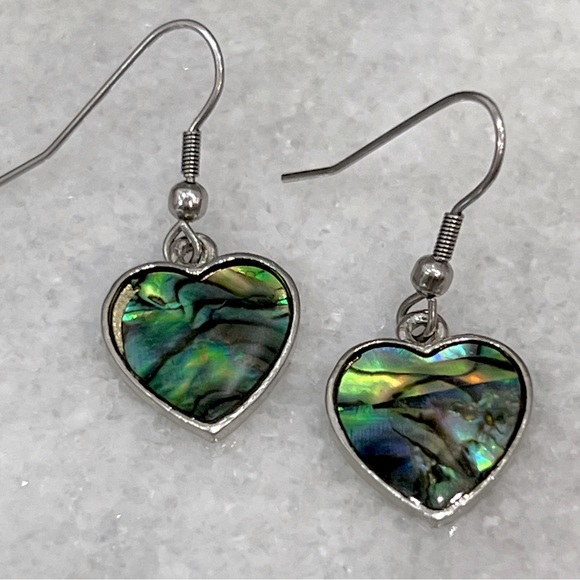 Abalone Shell Silver Heart Dangle Earrings - Picture 8 of 11